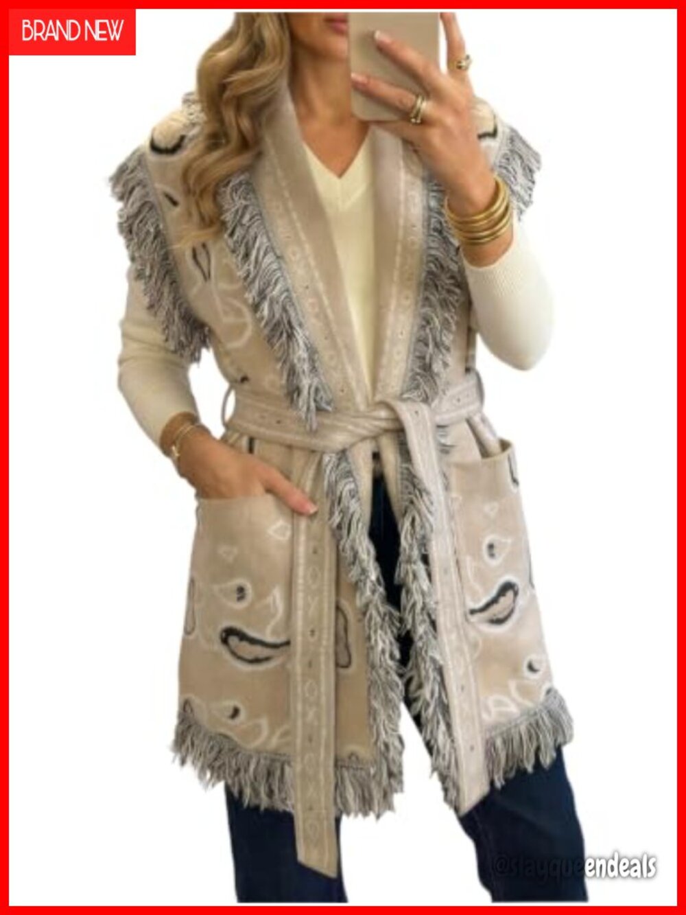 Sleeveless Long Cardigan Sweater Fringe Shawl Collar Boho Paisley Belted Vest